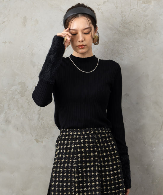 51-5671【FONT LAB】ランダムリブ×ラメシャギースリーブニット