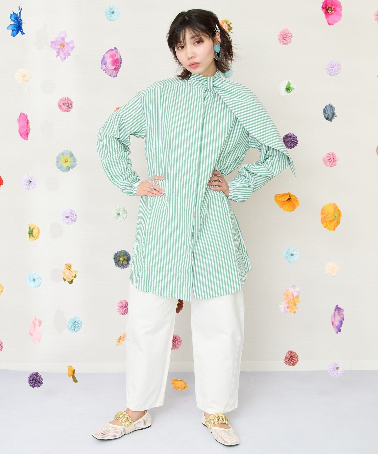 【COMPANIA FANTASTICA】ストライプスカーフチュニックシャツ