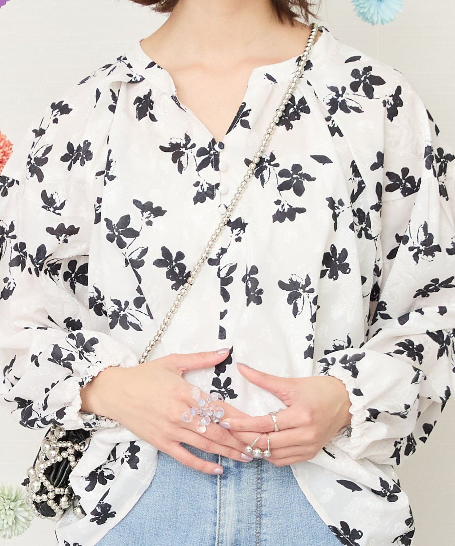 【FONT LAB】ジャガードフラワーボリュームスリーブブラウス