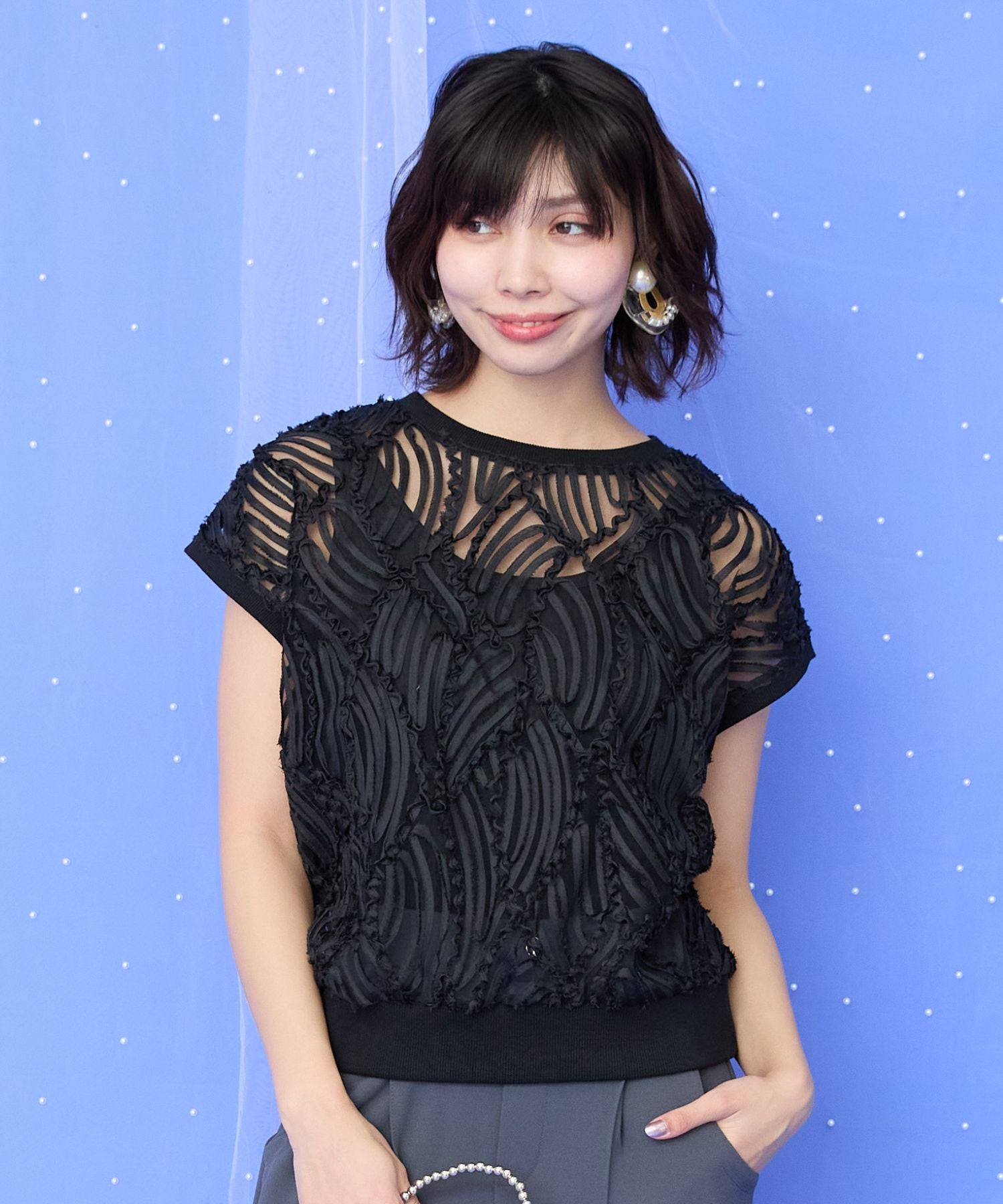 【FONT LAB】シアーバテンレースフレンチスリーブブラウス