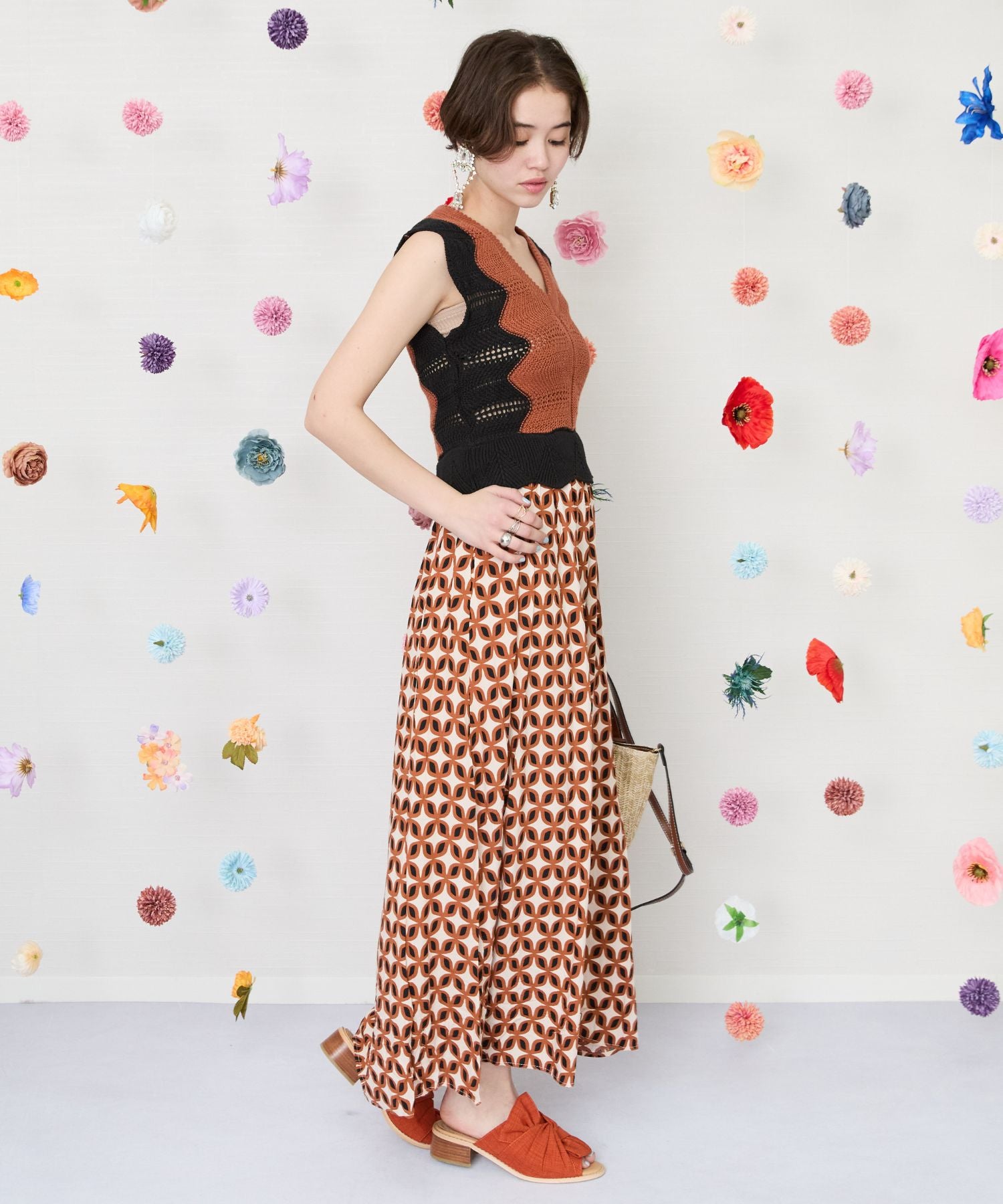 【SKATIE BRAND】ジオメトリックフラワー異素材コンビワンピース