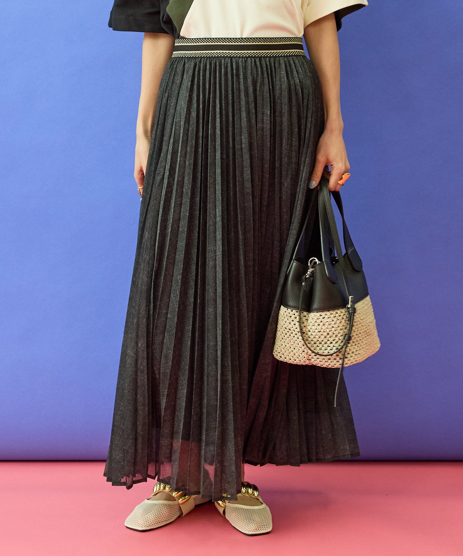 【FONT LAB】デニムプリントシアープリーツスカート