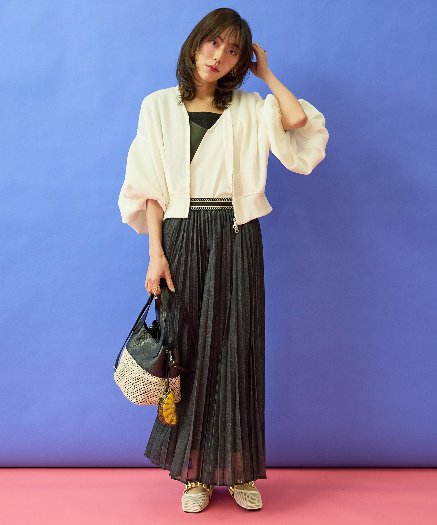 【FONT LAB】デニムプリントシアープリーツスカート