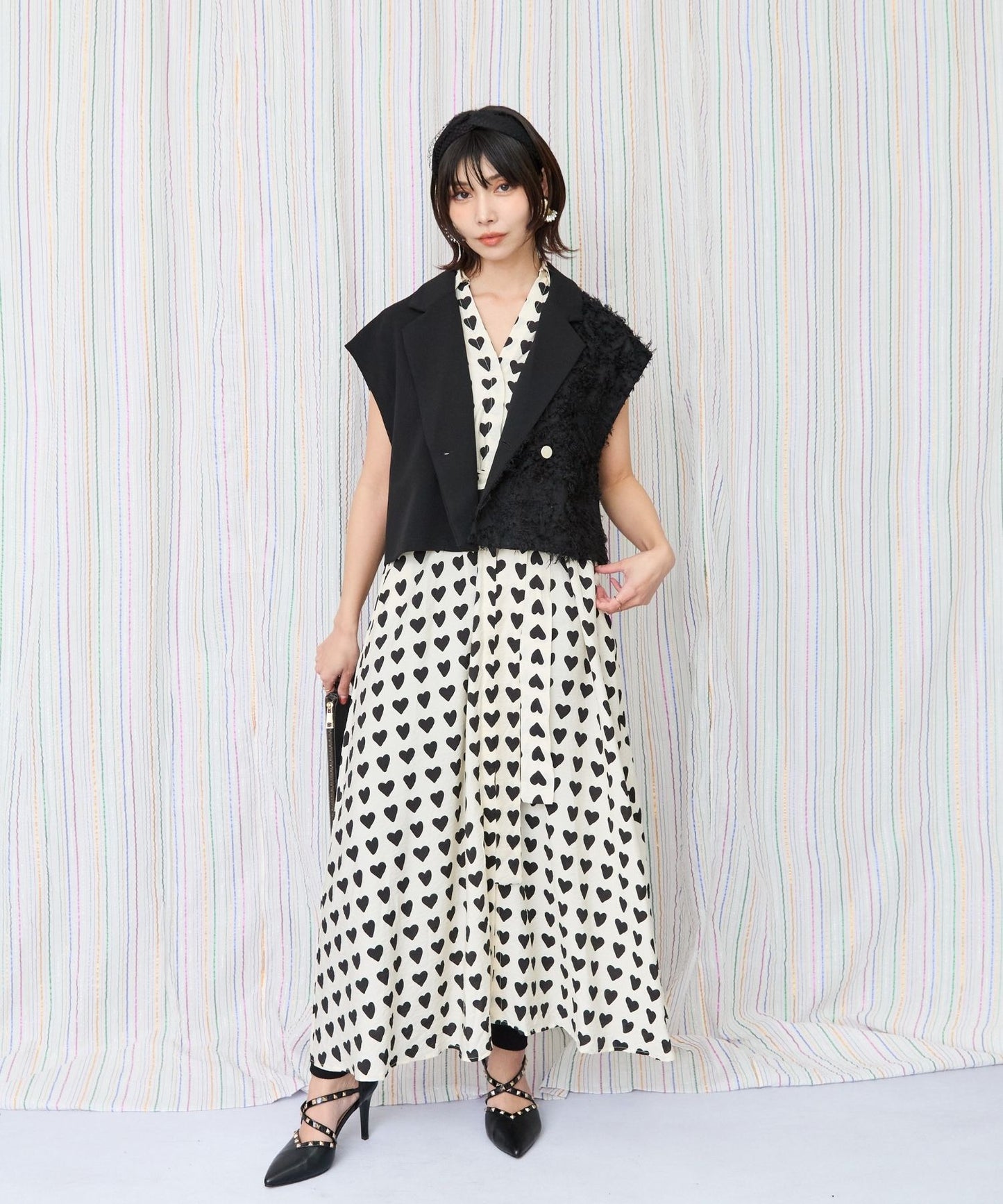 【COMPANIA FANTASTICA】モノトーンハートプリントワンピース