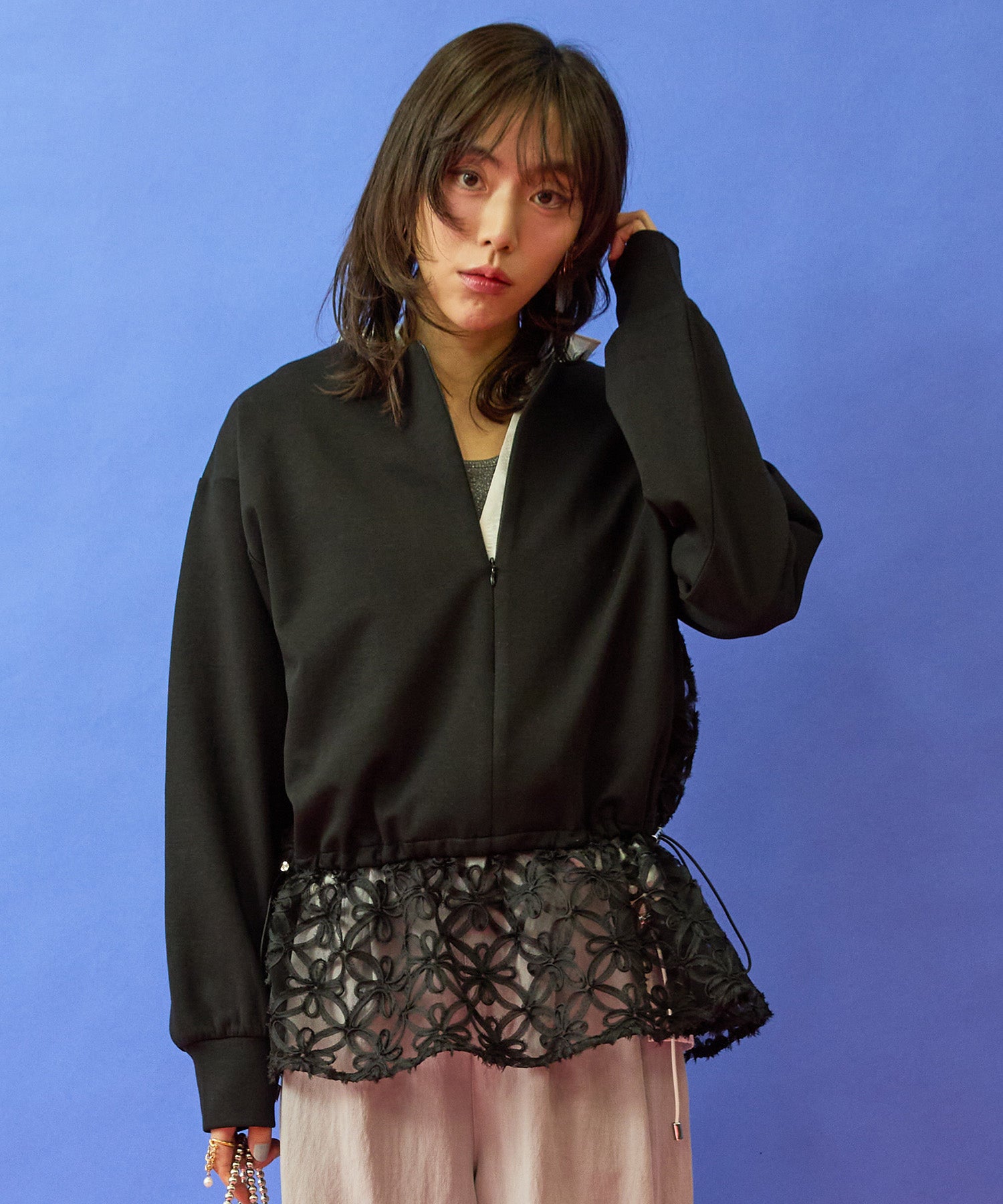 レディース トップス 春 刺繍 シアー チュール刺繍トップス 2WAY