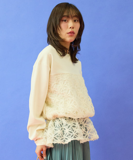 レディース トップス 春 刺繍 シアー チュール刺繍トップス 2WAY