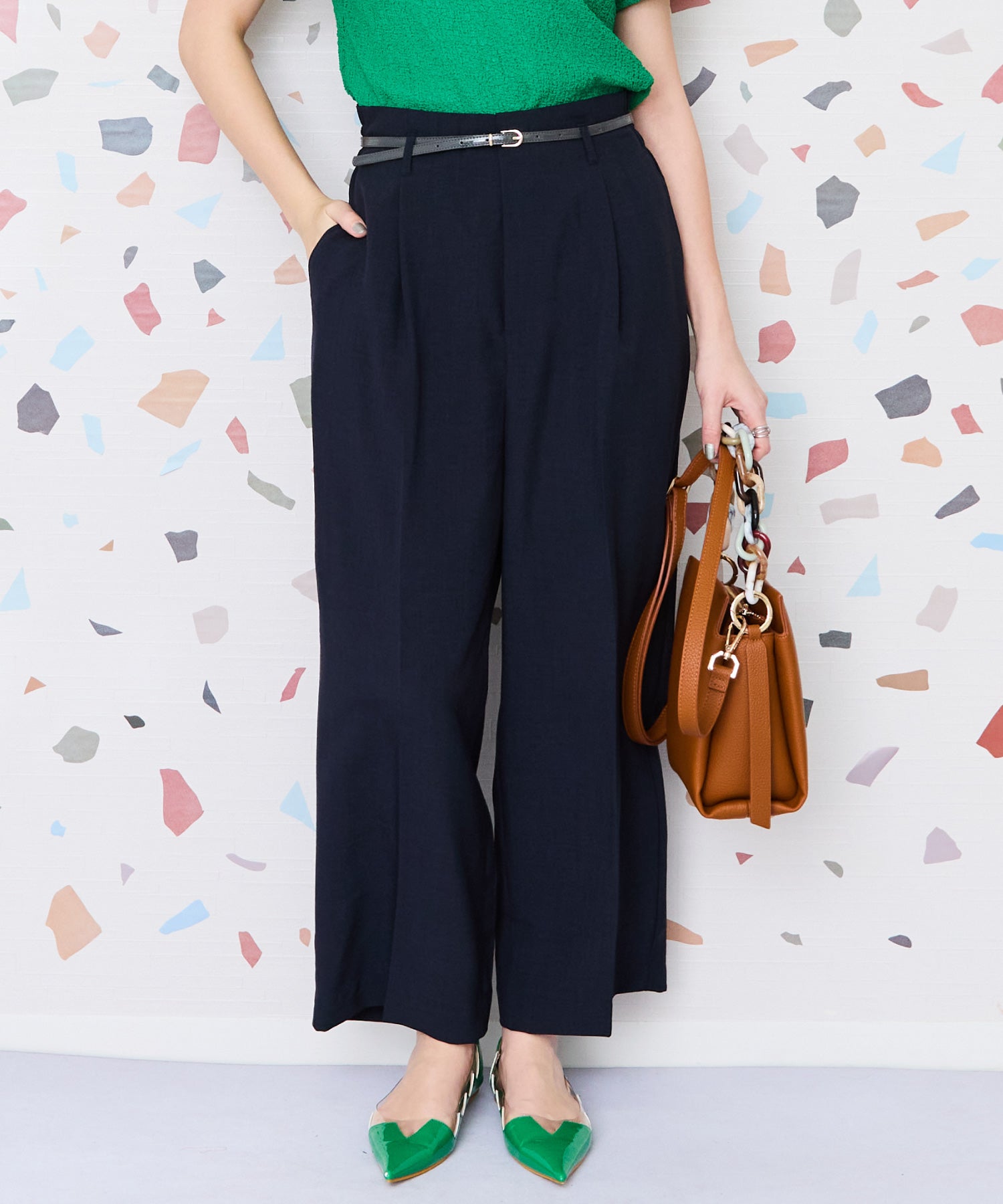 【JETSET SOLO PLUS】リネンライクベルト付きワイドパンツ