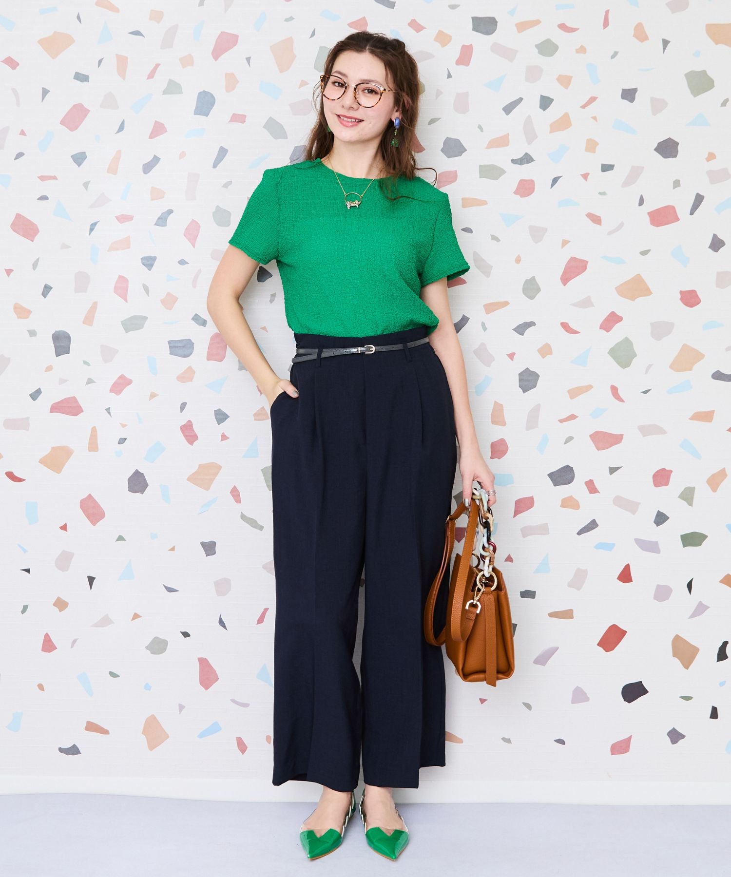 【JETSET SOLO PLUS】リネンライクベルト付きワイドパンツ