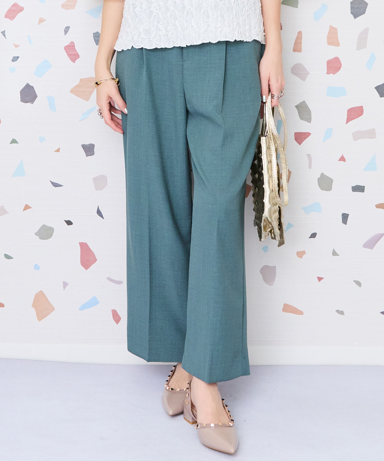 【JETSET SOLO PLUS】リネンライクベルト付きワイドパンツ