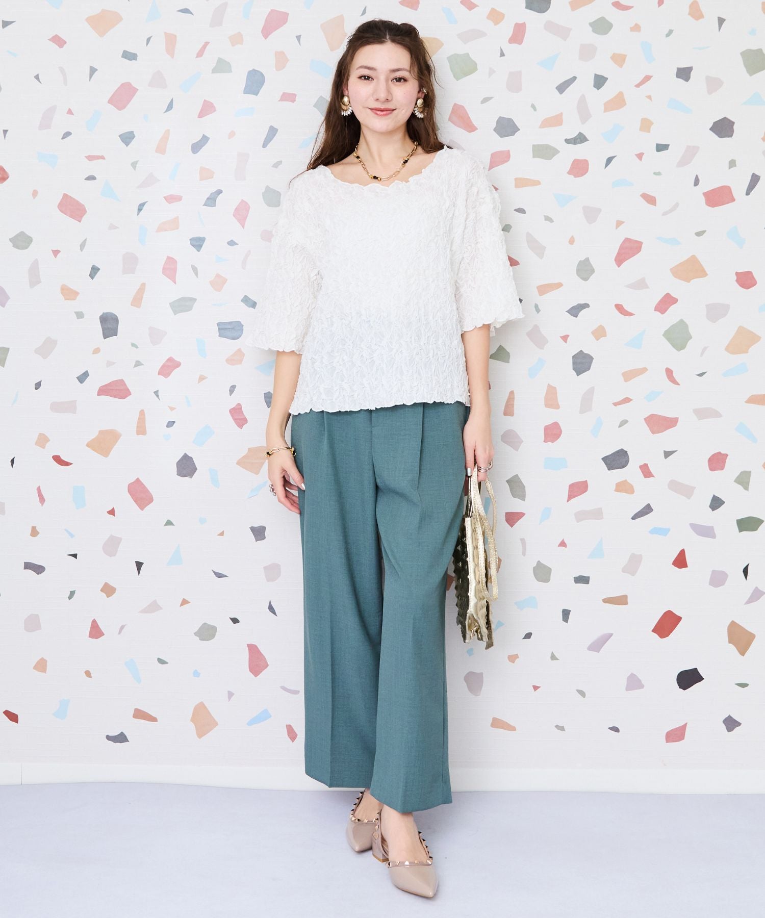 【JETSET SOLO PLUS】リネンライクベルト付きワイドパンツ