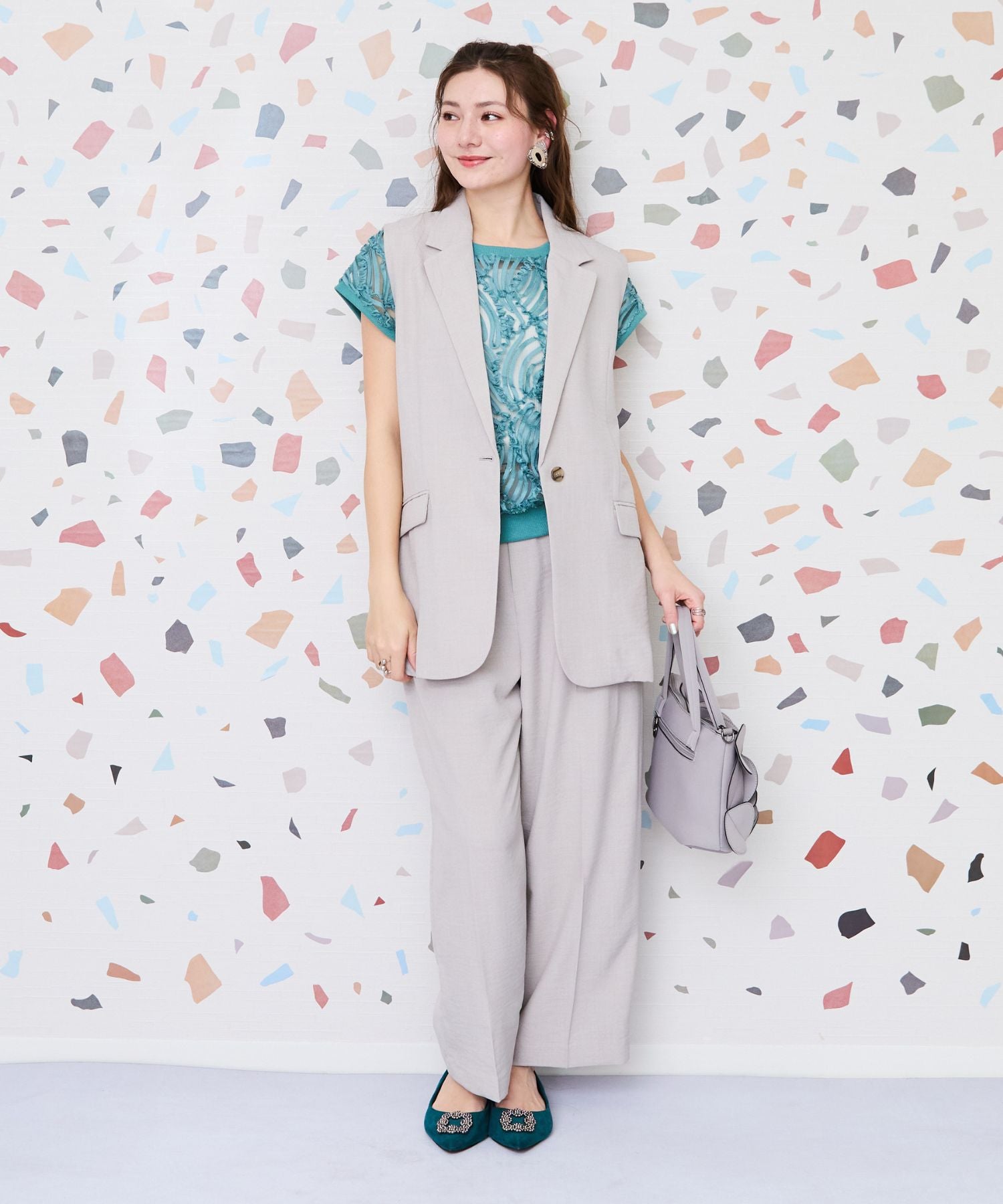 【JETSET SOLO PLUS】リネンライクベルト付きワイドパンツ