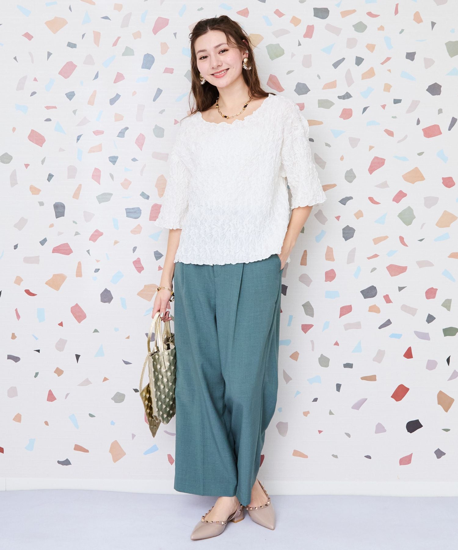 【JETSET SOLO PLUS】リネンライクベルト付きワイドパンツ