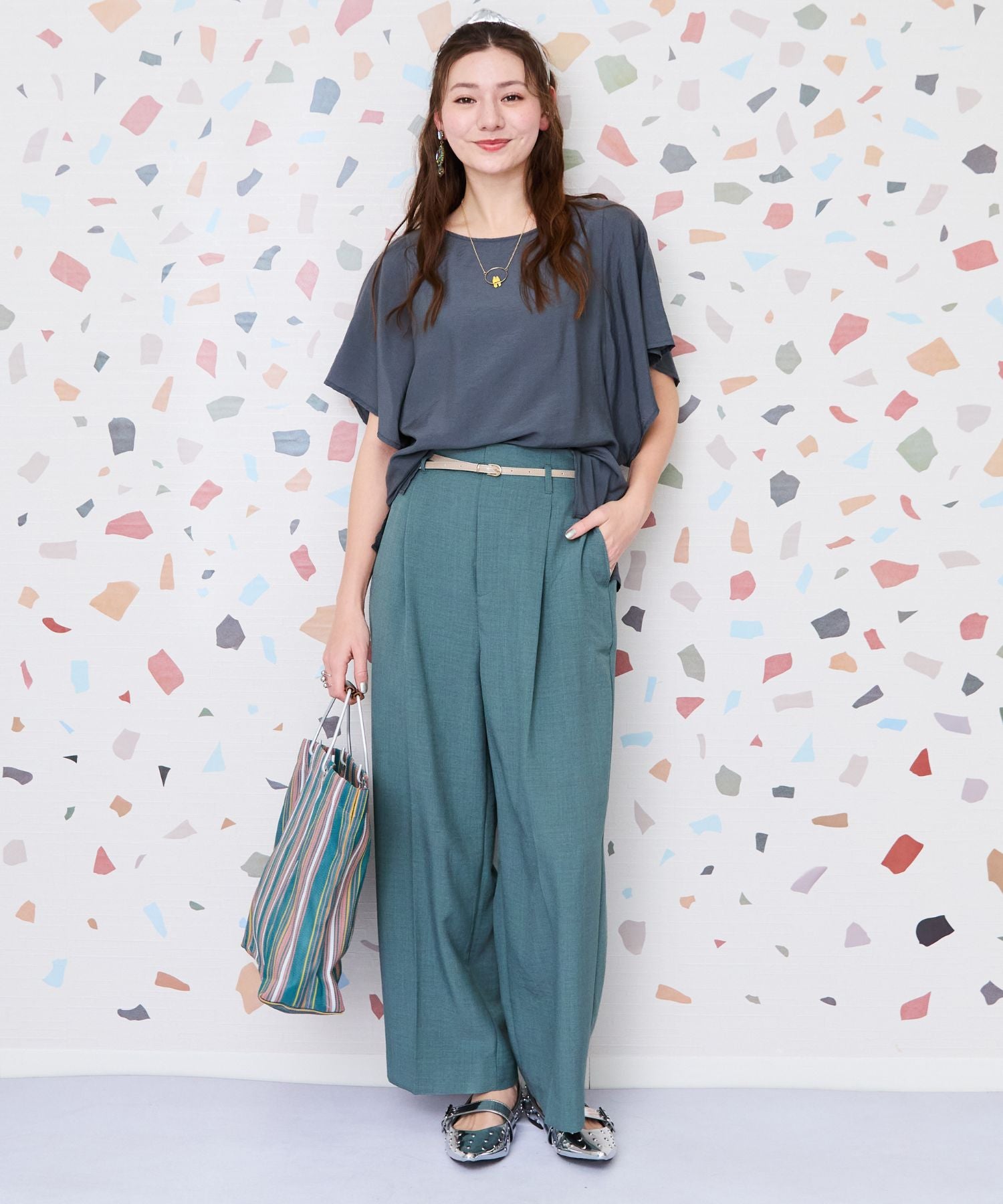 【JETSET SOLO PLUS】リネンライクベルト付きワイドパンツ