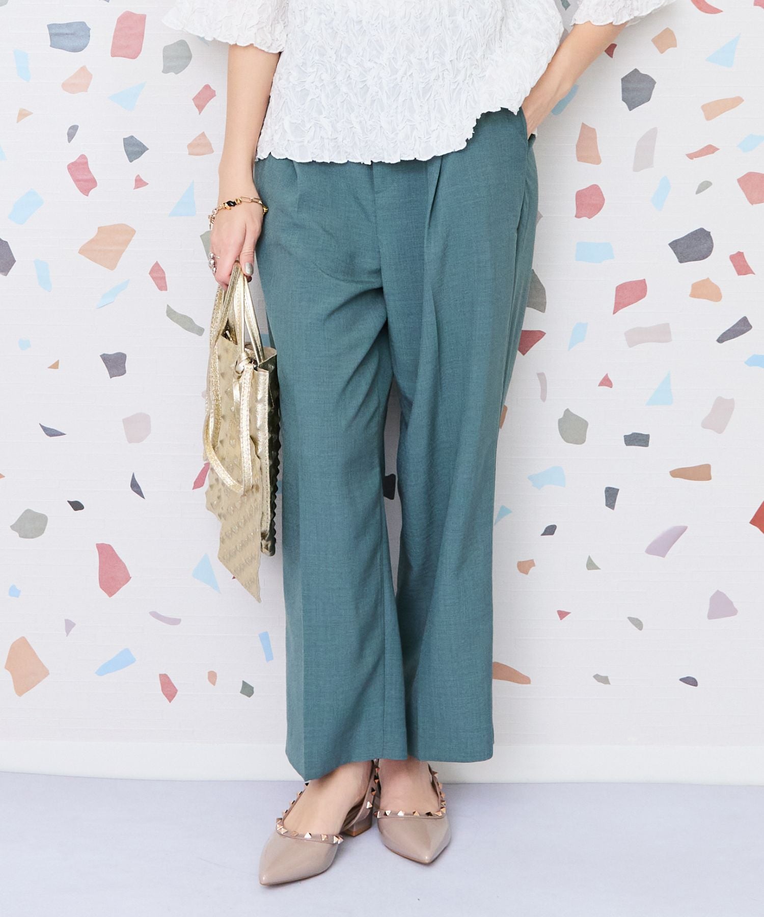 【JETSET SOLO PLUS】リネンライクベルト付きワイドパンツ