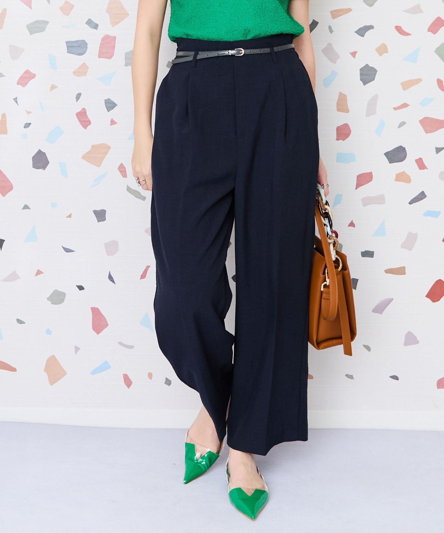 【JETSET SOLO PLUS】リネンライクベルト付きワイドパンツ