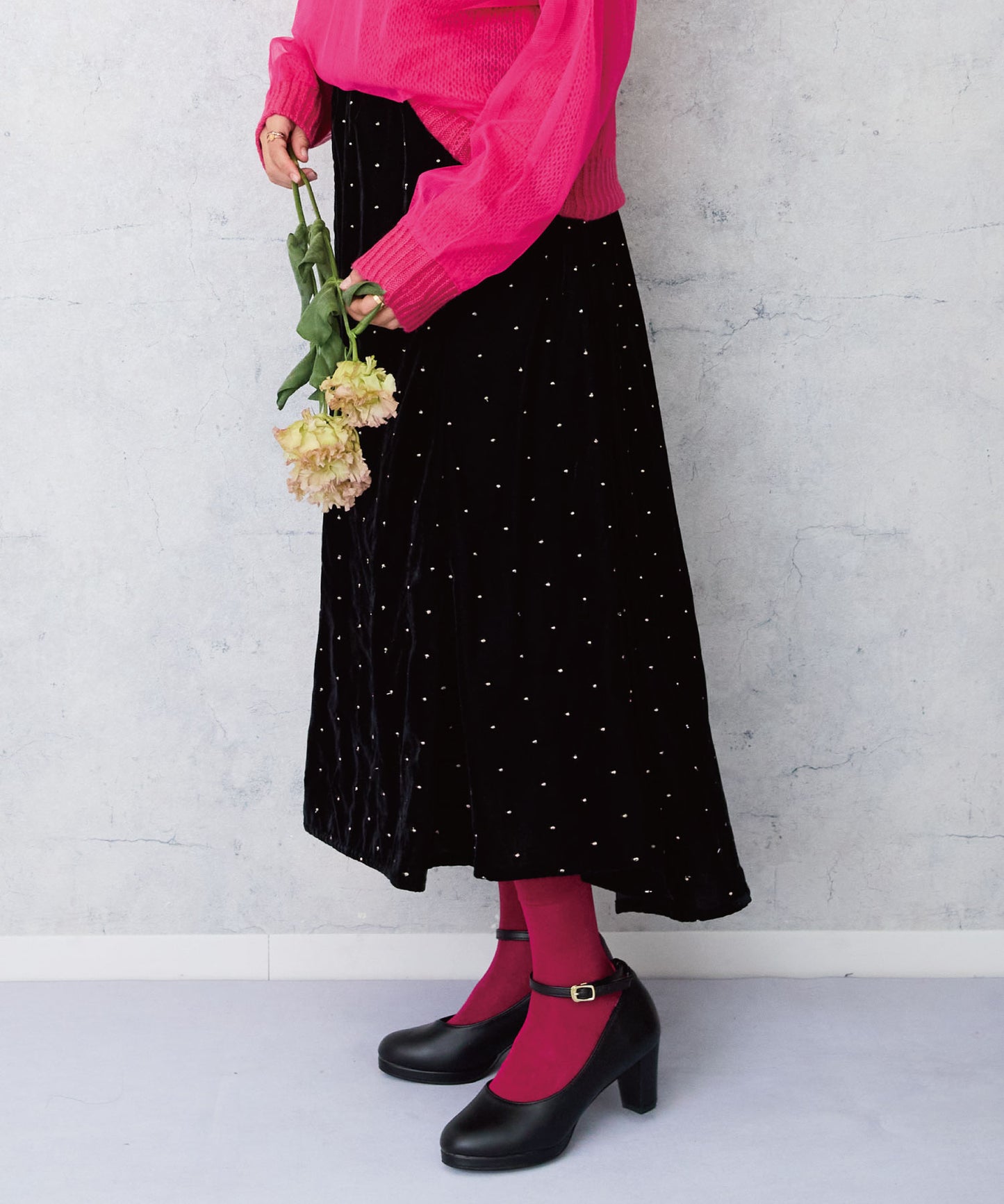 【INDUS luxury for JETSET SOLO PLUS】シャイニードット×ベロア フレアスカート