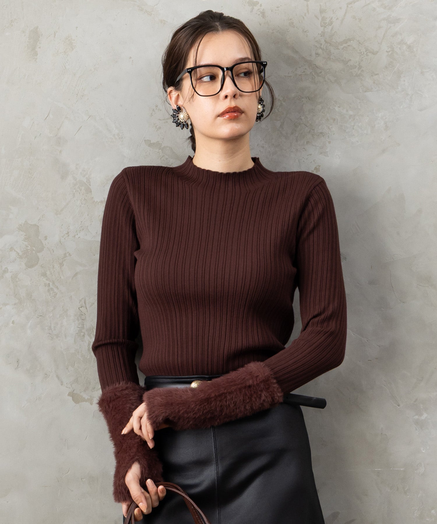 51-5671【FONT LAB】ランダムリブ×ラメシャギースリーブニット