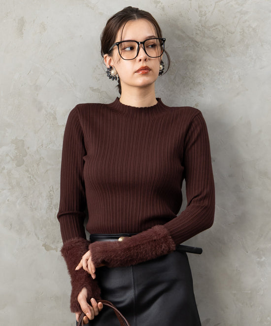 51-5671【FONT LAB】ランダムリブ×ラメシャギースリーブニット