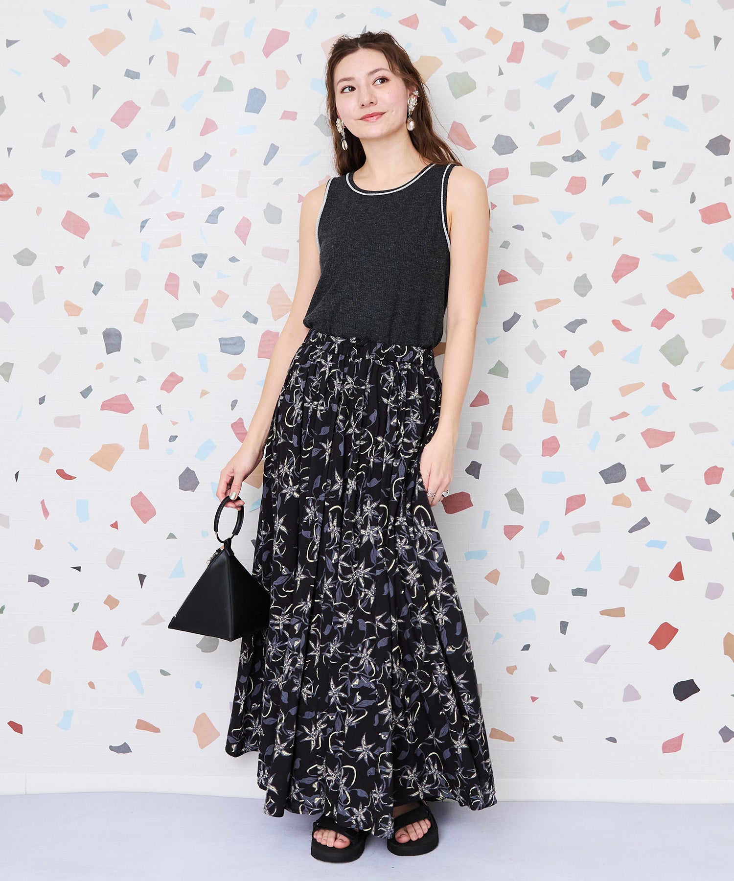 【INDUS luxury for JETSET SOLO PLUS】リーフプリントフレアスカート