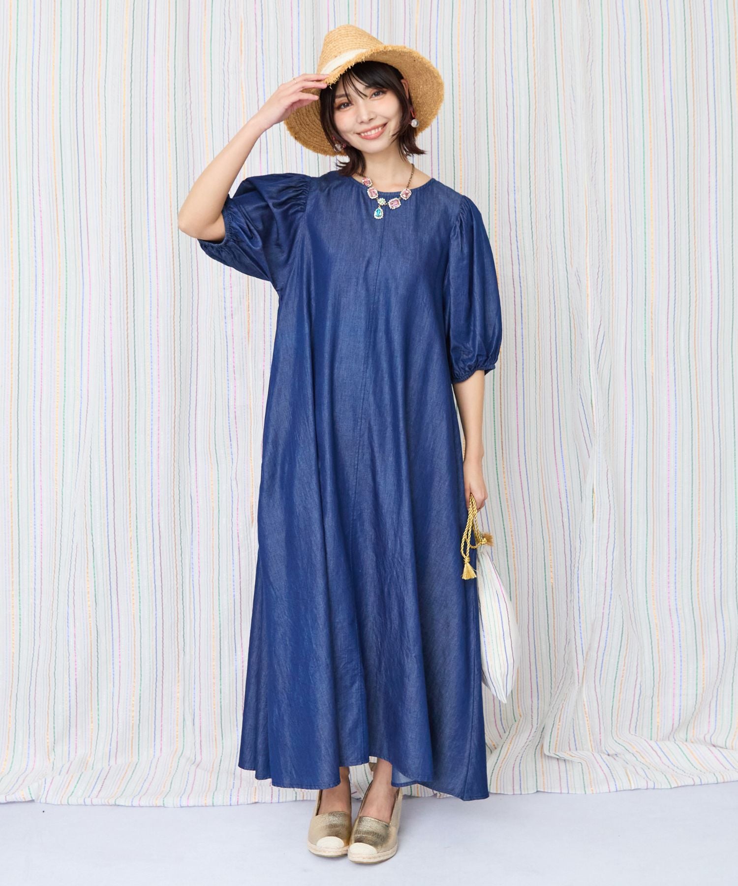 【INDUS luxury for JETSET SOLO PLUS】シャンブレーデニムパフスリーブワンピース