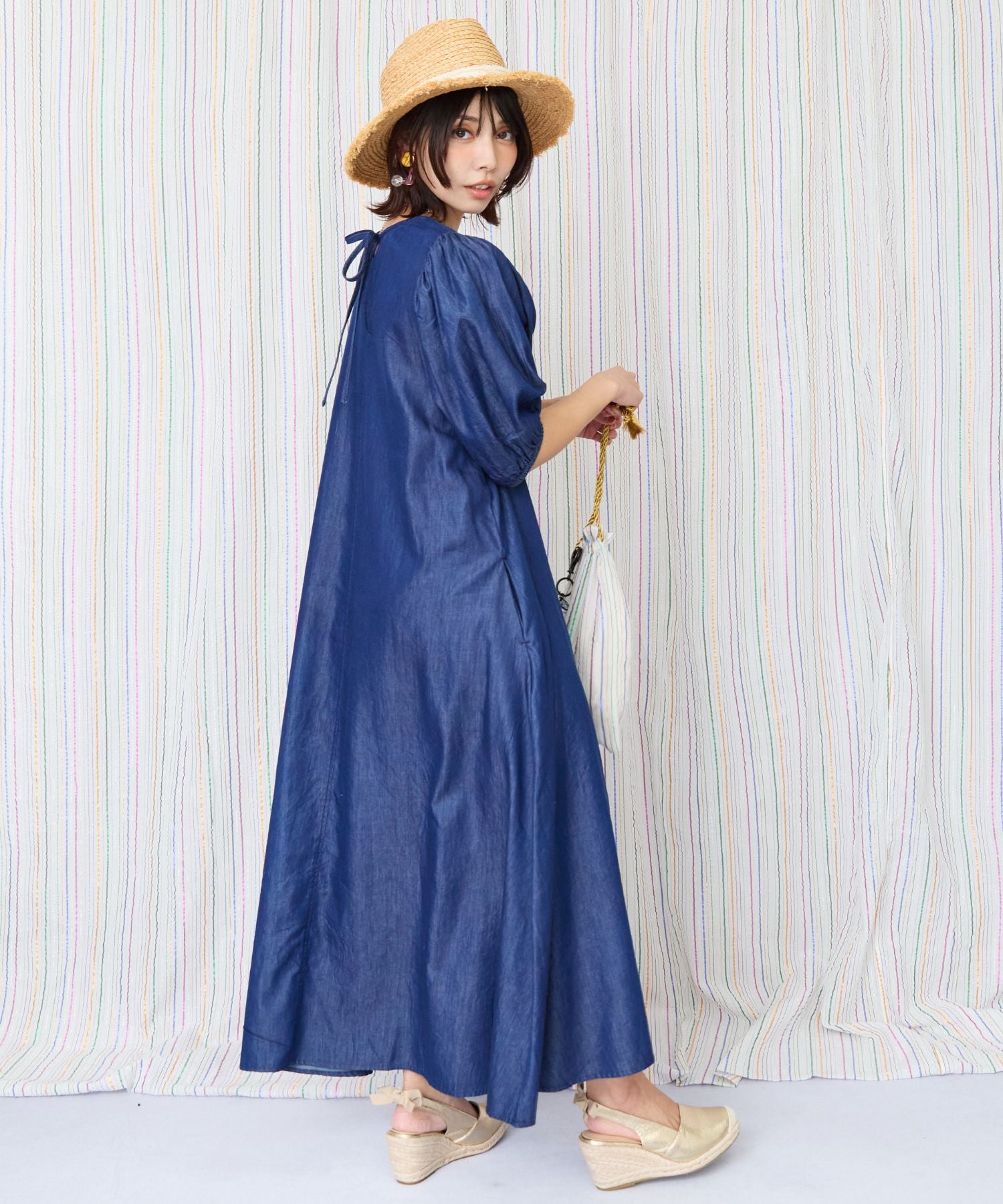 【INDUS luxury for JETSET SOLO PLUS】シャンブレーデニムパフスリーブワンピース