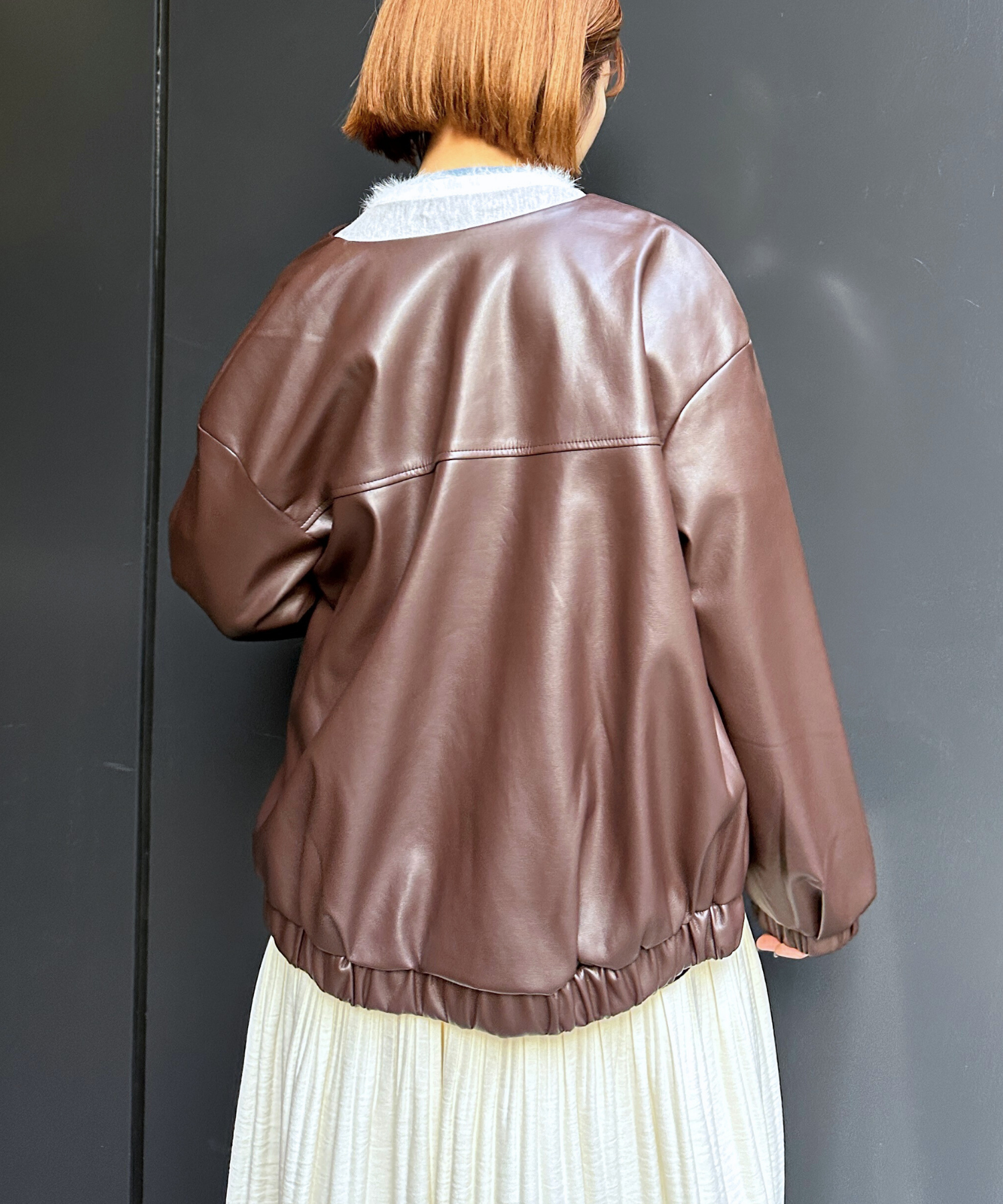 【INNOWAVE】【R】ラウンドネックフェイクレザーブルゾン