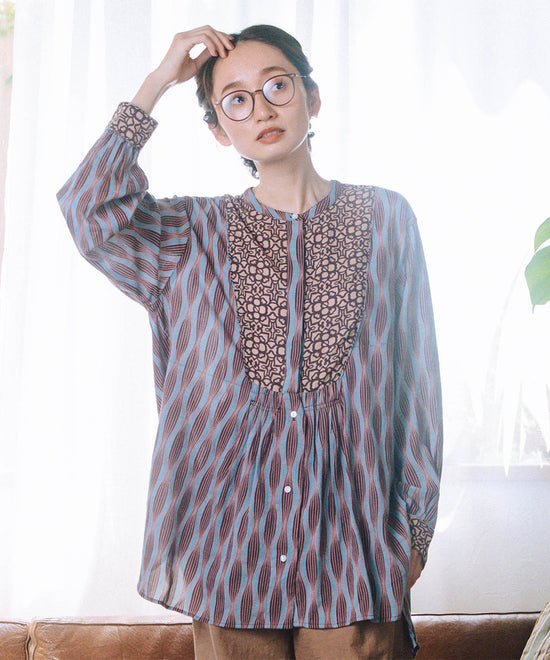 大きいサイズ レディース ブラウス MIXプリント バンドカラー|sabstreet my standard(サブストリートマイスタンダード)