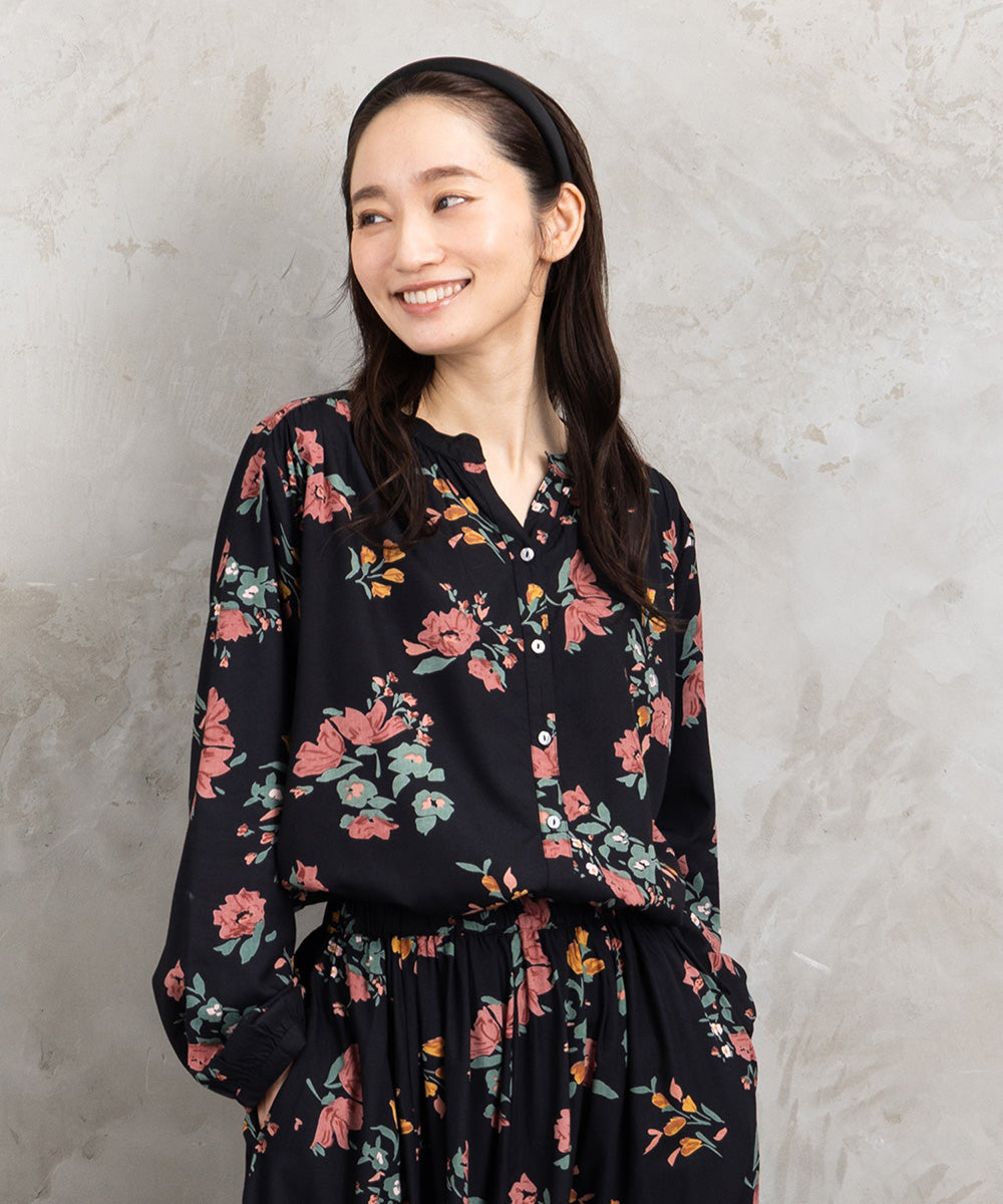 LEONARD　シルク混ブラウス　フラワープリント　花柄　総柄　Lサイズ　黒 LEONARD シルク混ブラウス フラワープリント 花柄 総柄 Lサイズ