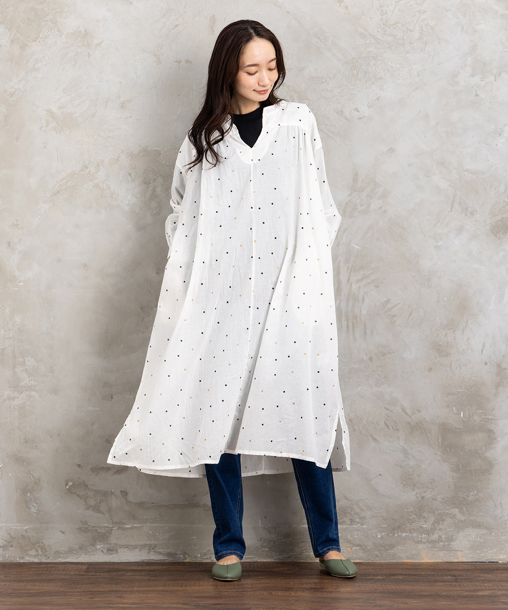 大きいサイズ レディース ワンピース ドットプリント キーネック