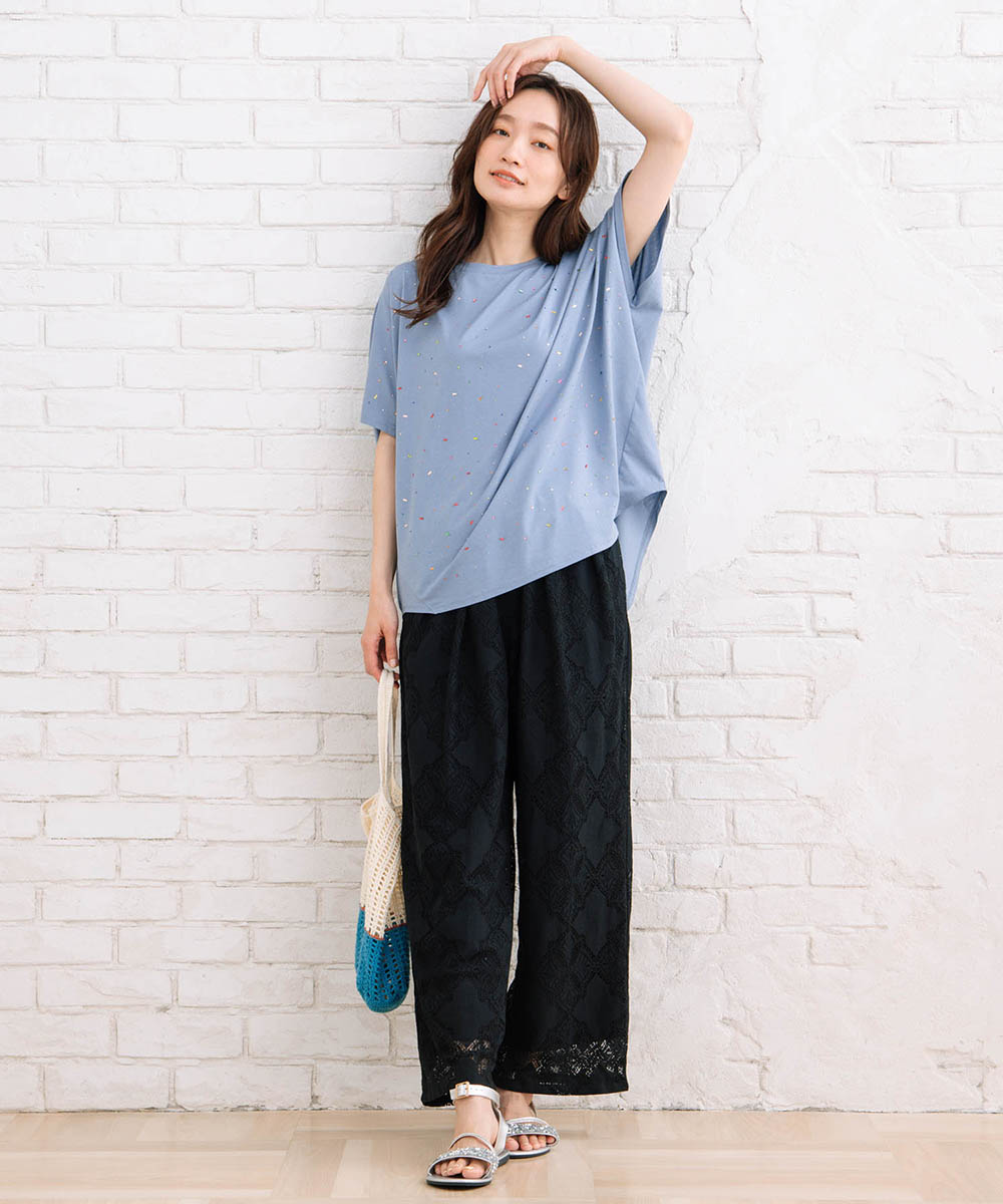 FONTLAB スプレー風ビジューデコレートワイドTシャツ