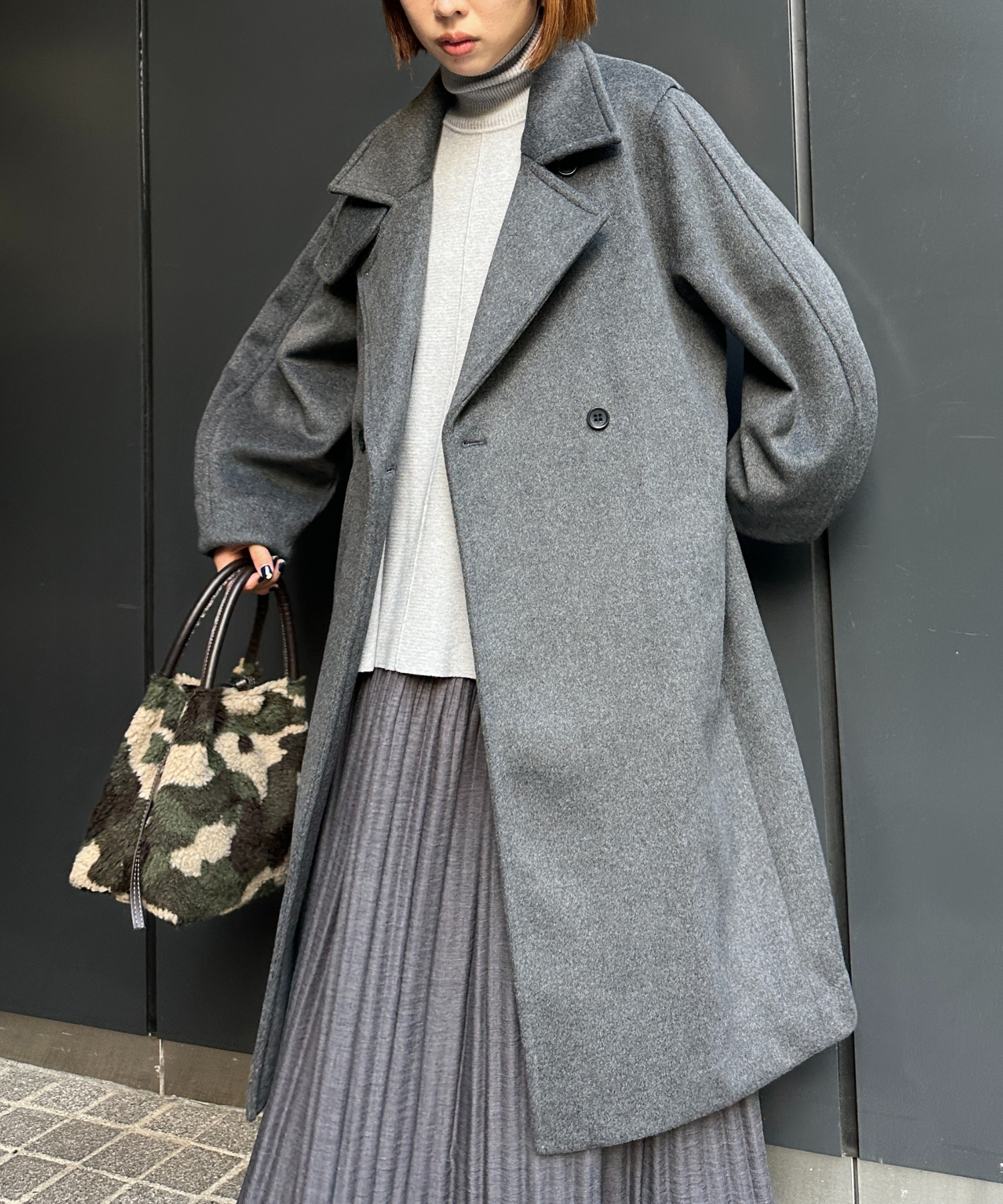 【qout】【R】ニットビーバーロングコート