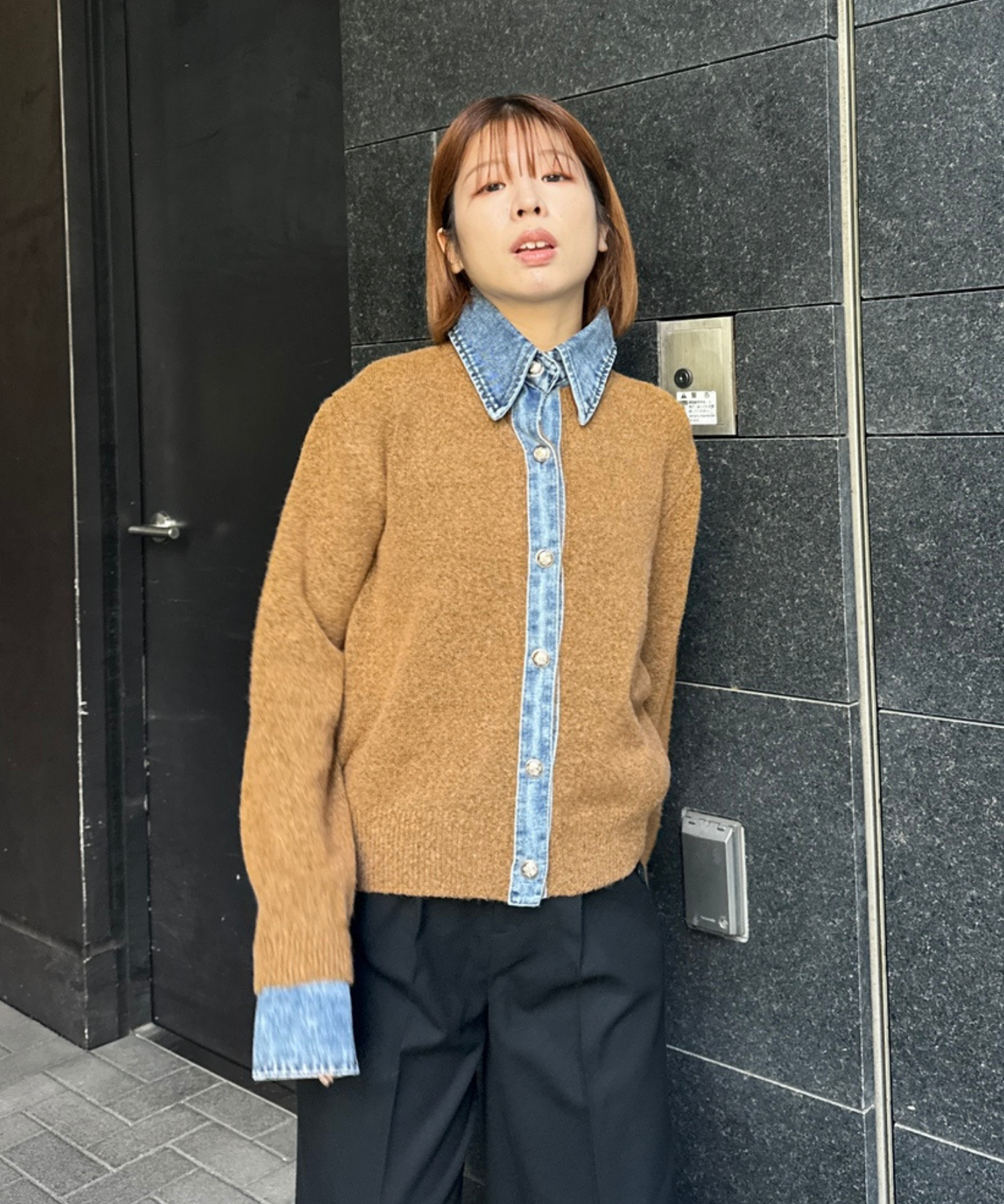 【FONT LAB】デニムシャツフェイクレイヤードニットカーディガン