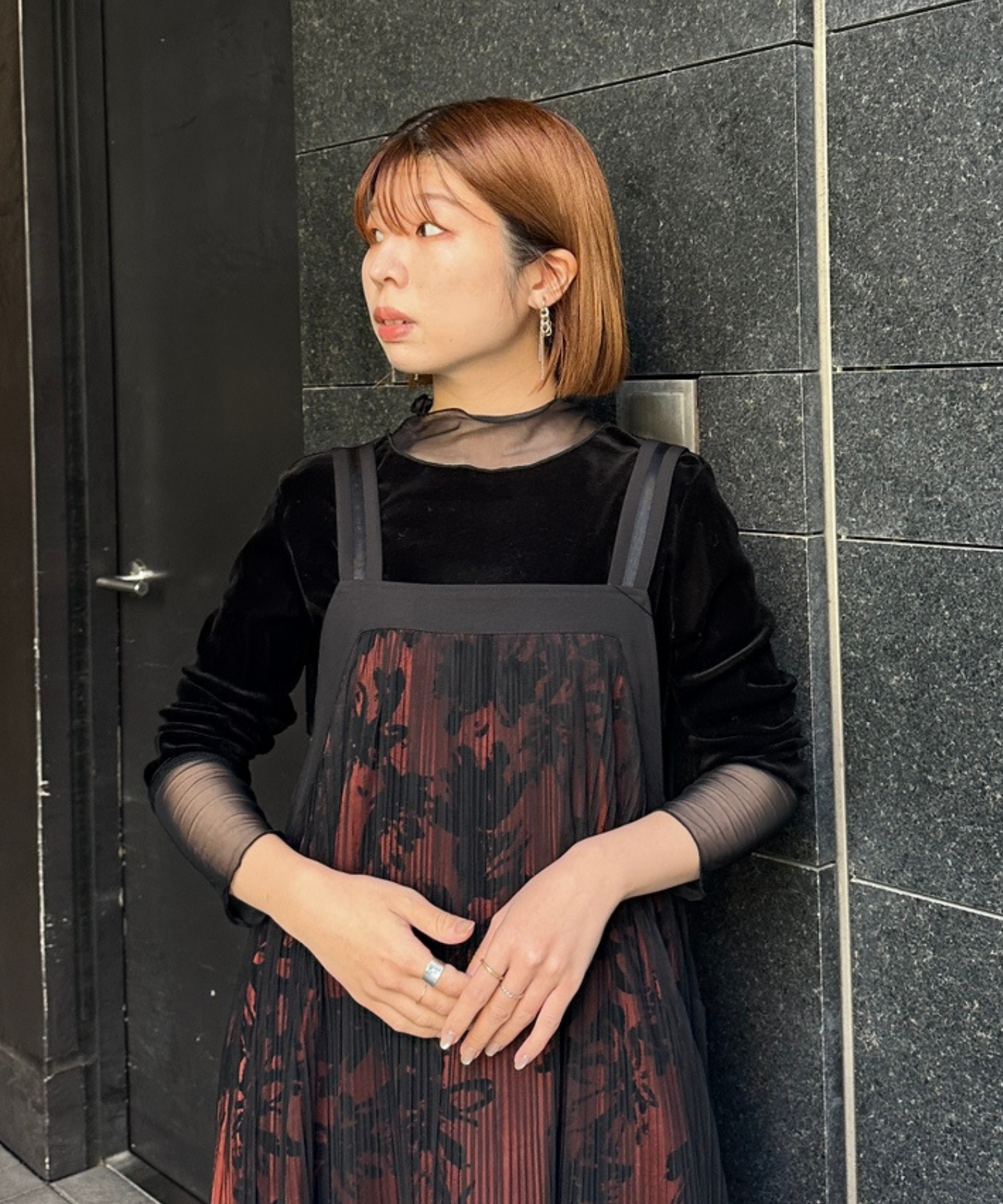 【FONT LAB】フロッキープリント×チュールコンビワンピース