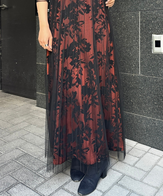 【FONT LAB】フロッキープリント×チュールコンビワンピース