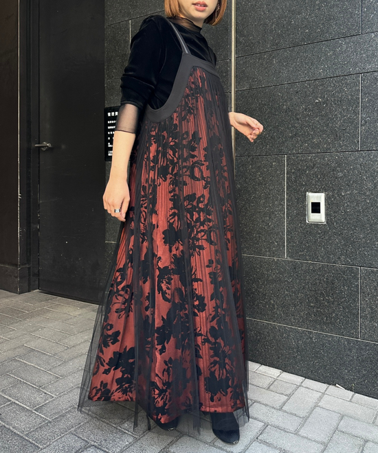 【FONT LAB】フロッキープリント×チュールコンビワンピース