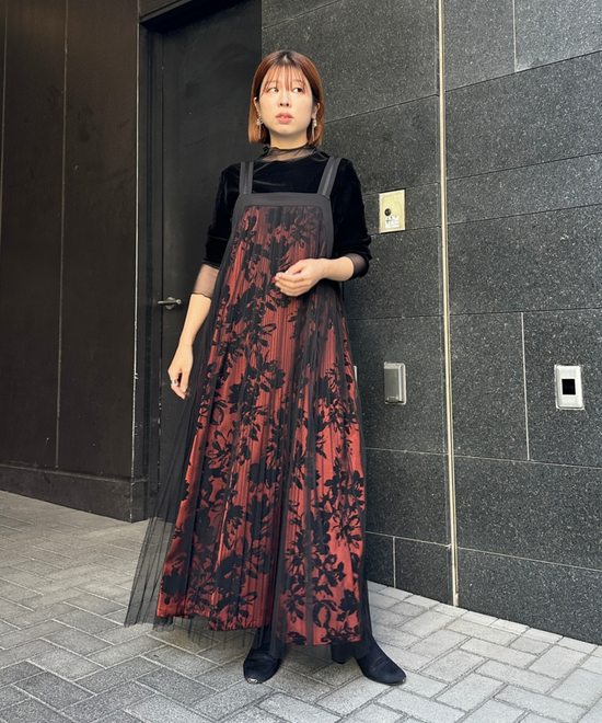 【FONT LAB】フロッキープリント×チュールコンビワンピース