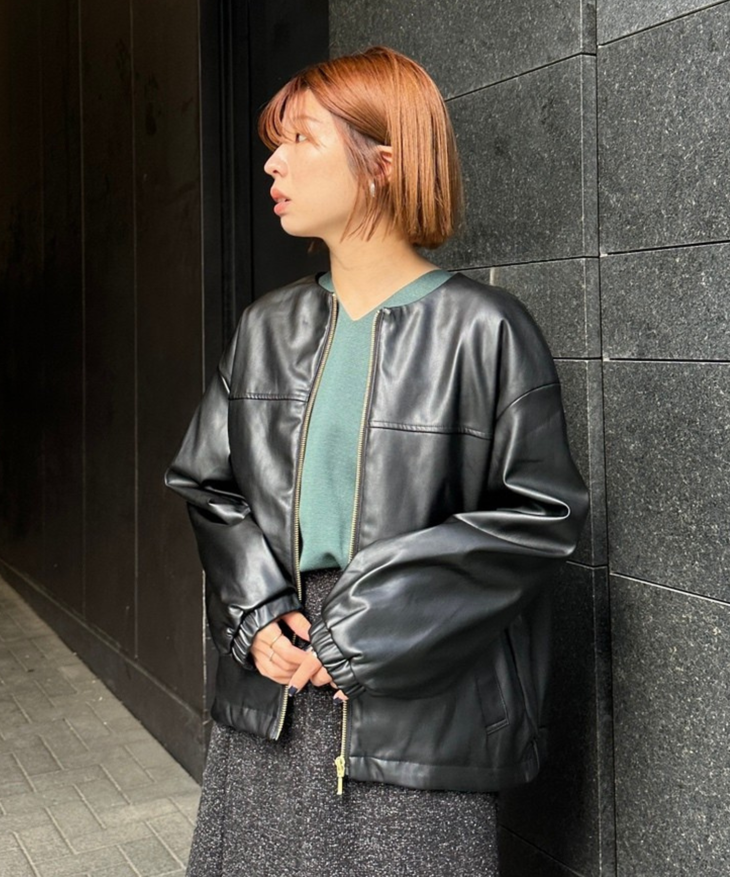 【INNOWAVE】【R】ラウンドネックフェイクレザーブルゾン