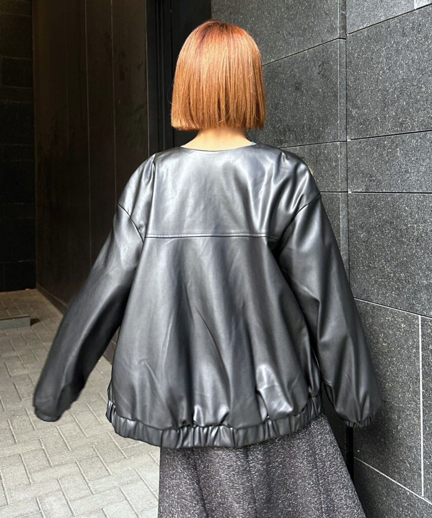 【INNOWAVE】【R】ラウンドネックフェイクレザーブルゾン