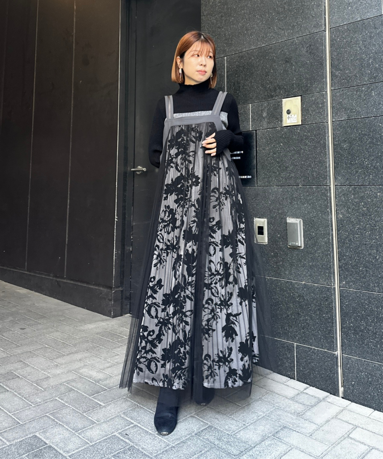 【FONT LAB】フロッキープリント×チュールコンビワンピース