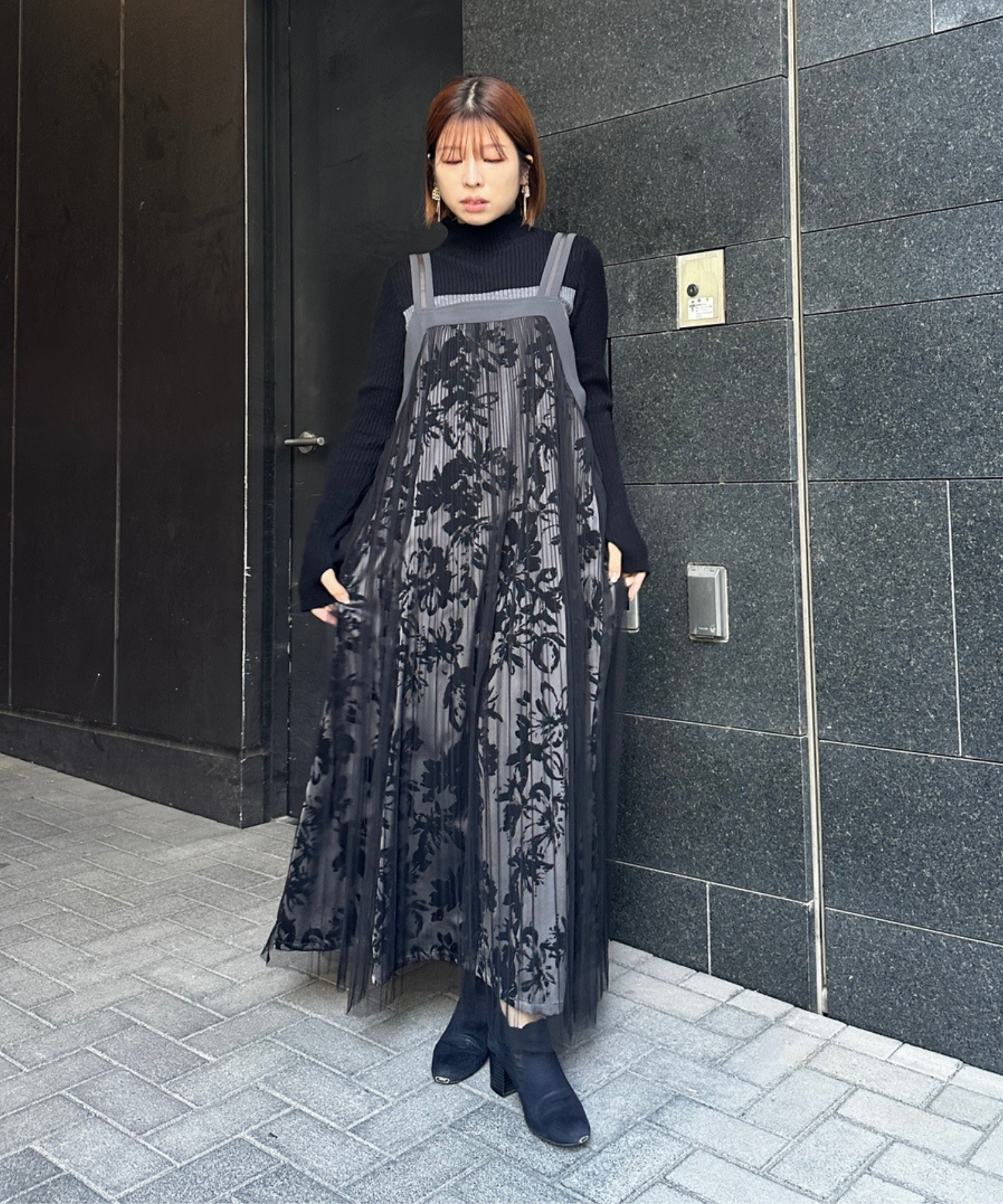 【FONT LAB】フロッキープリント×チュールコンビワンピース