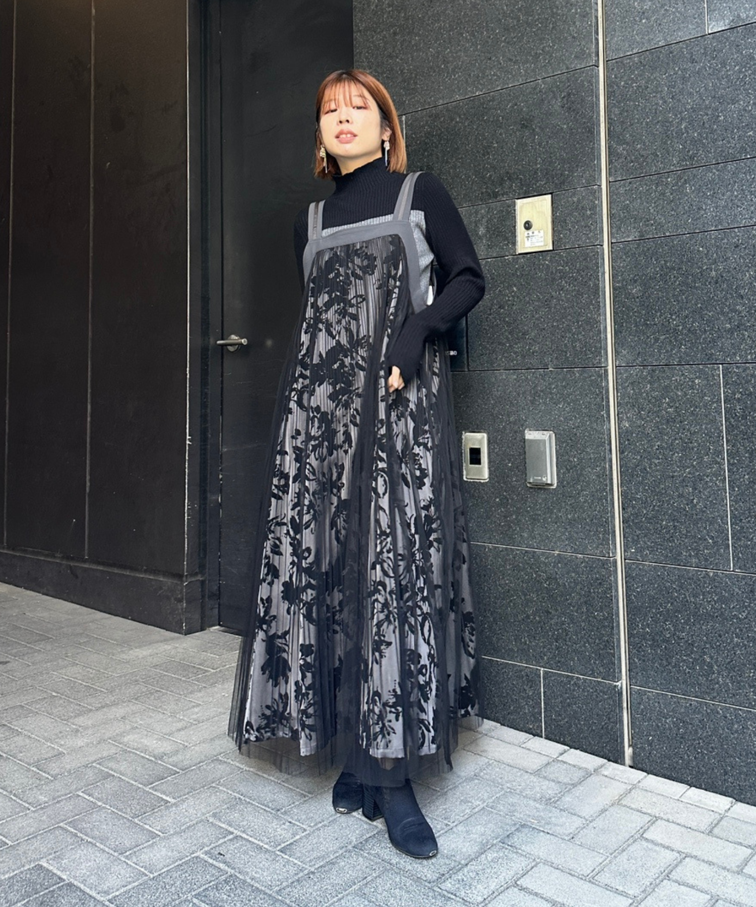 【FONT LAB】フロッキープリント×チュールコンビワンピース