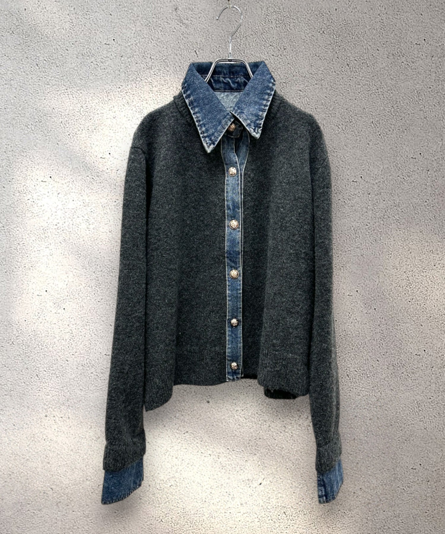 【FONT LAB】デニムシャツフェイクレイヤードニットカーディガン