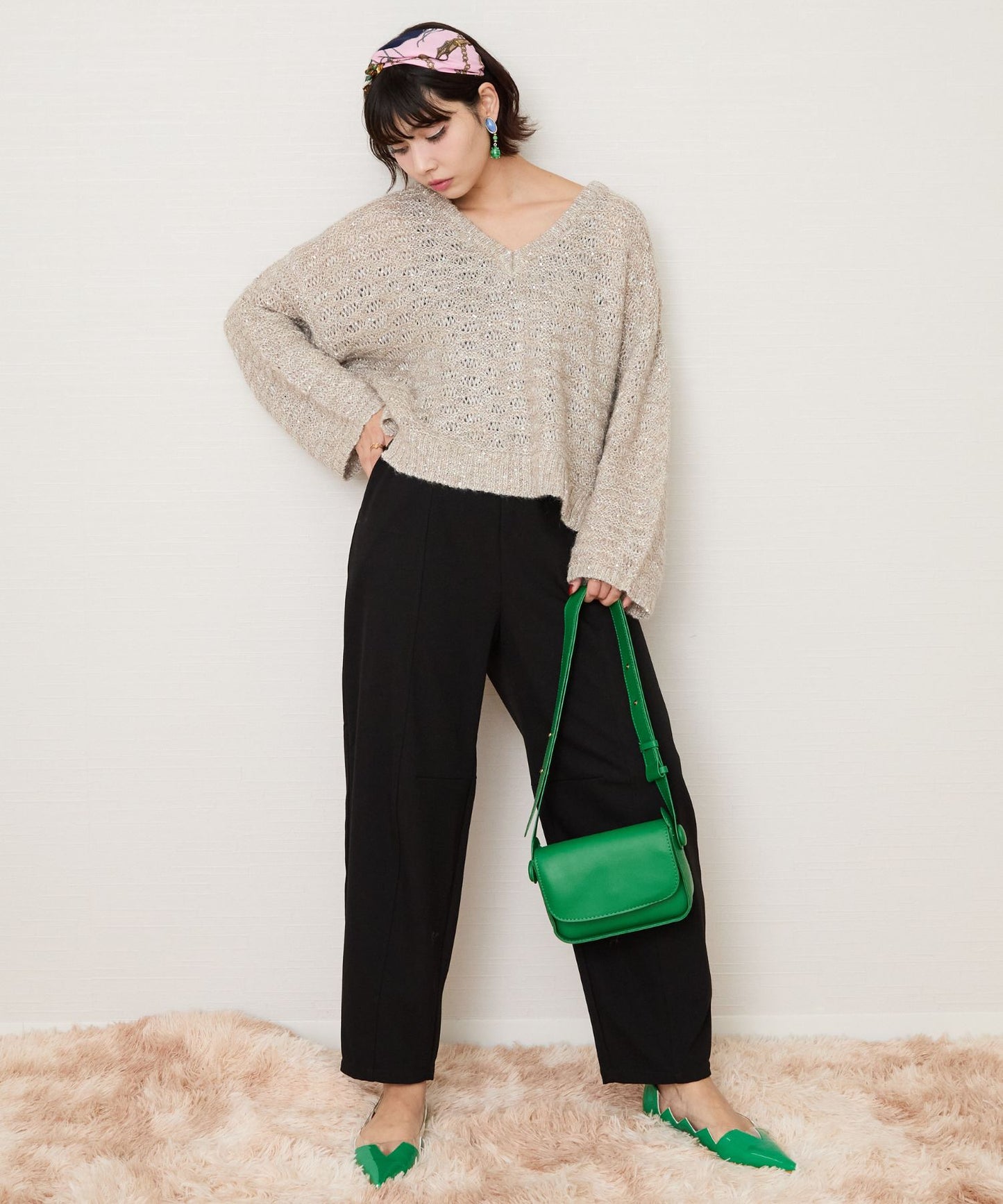 【FONT LAB】透かし柄スパンコールシャギーニット