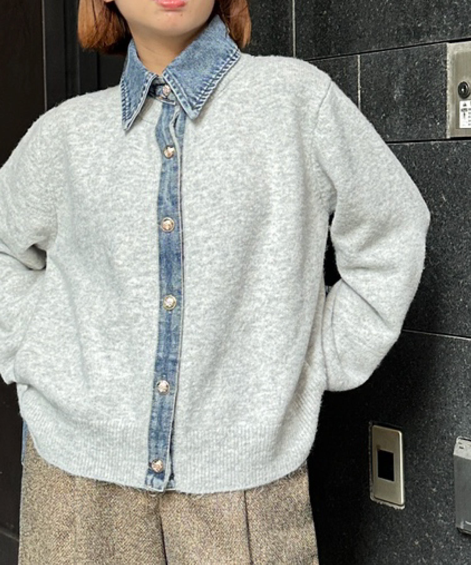 【FONT LAB】デニムシャツフェイクレイヤードニットカーディガン