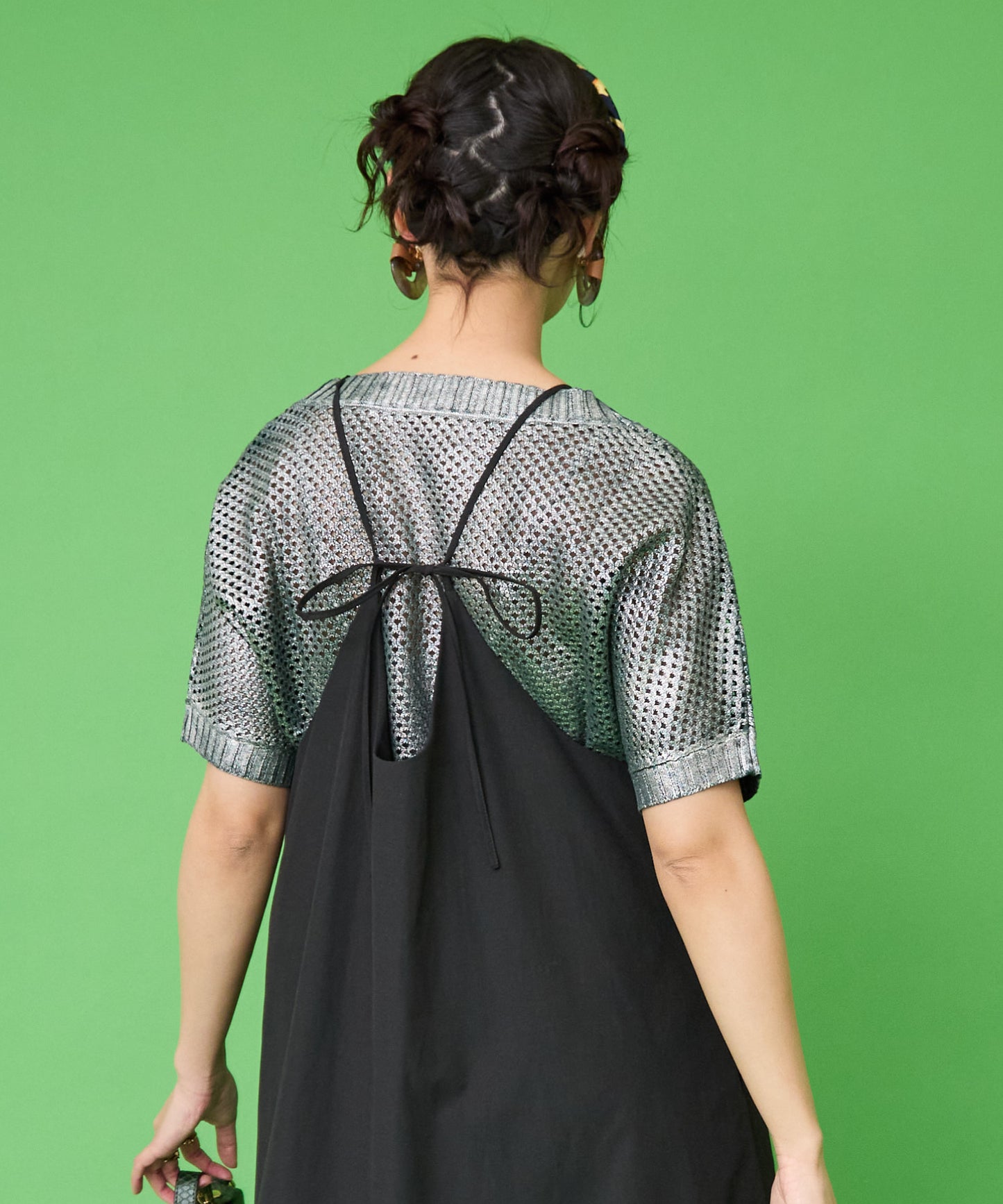 【FONT LAB】メッシュ透かし編み箔プリントニット