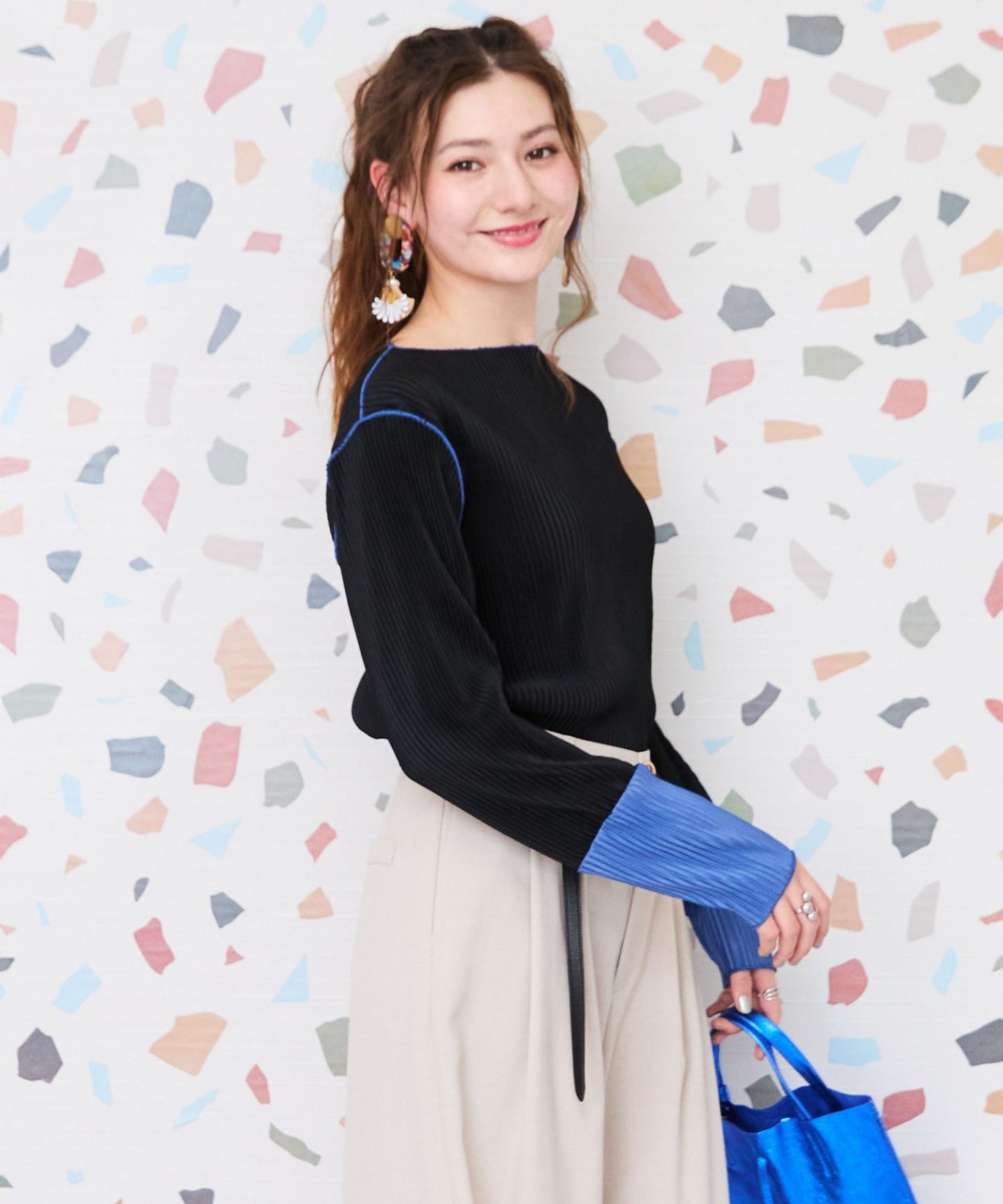 【FONT LAB】プリーツボートネックバイカラーカットソー