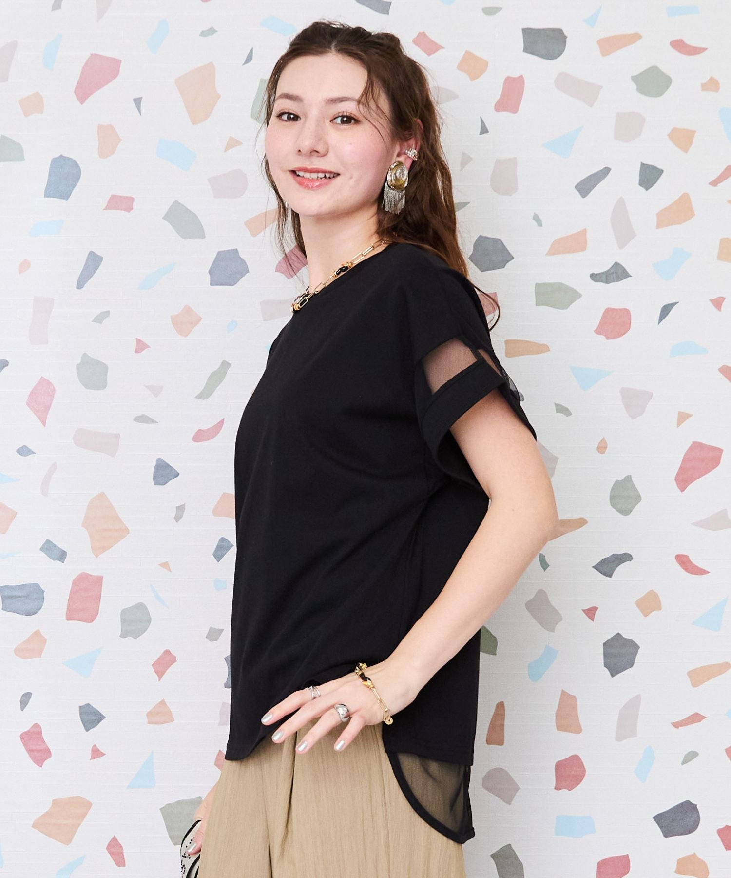 【FONT LAB】プレーティング天竺×チュールコンビTシャツ