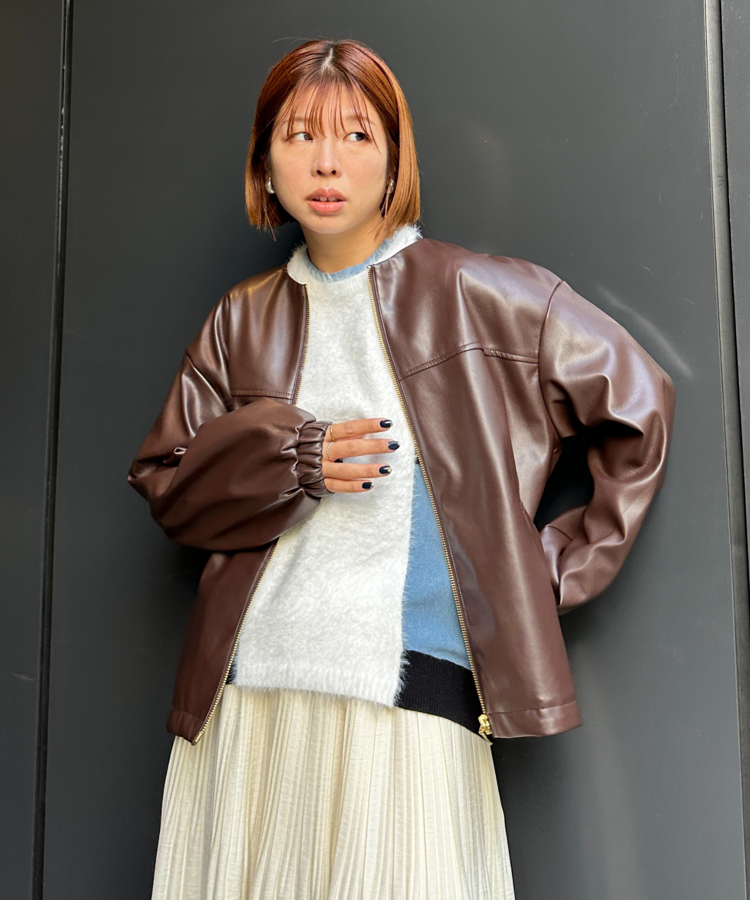 【INNOWAVE】【R】ラウンドネックフェイクレザーブルゾン