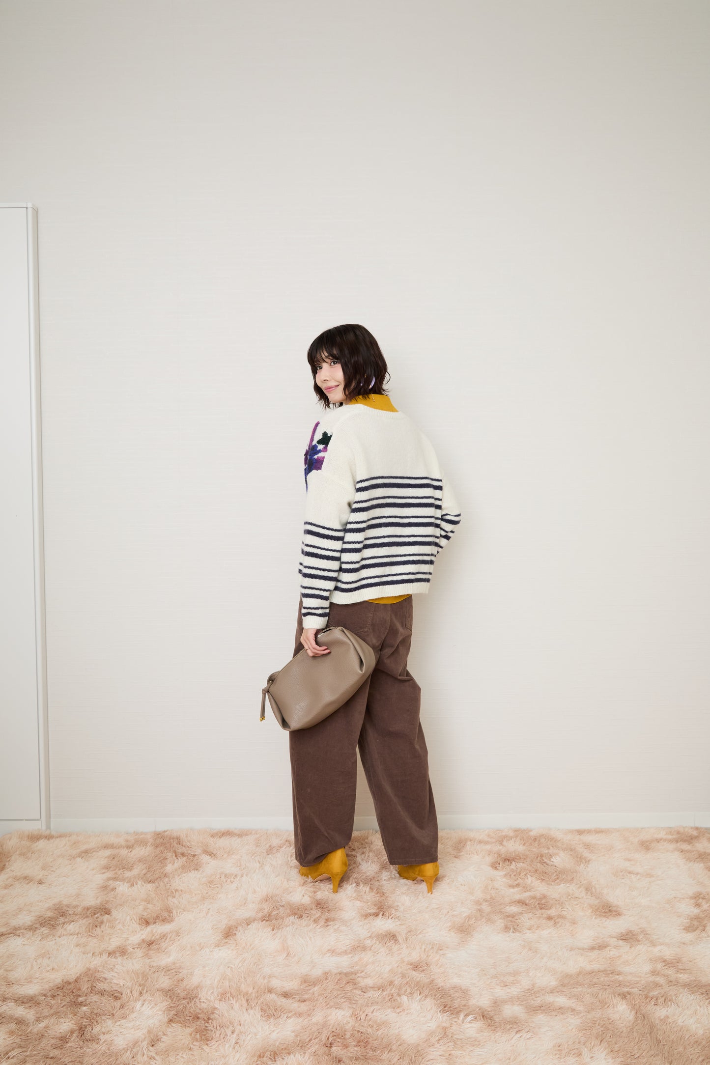 【LOUIZON】フラワーモチーフボーダー カーディガン