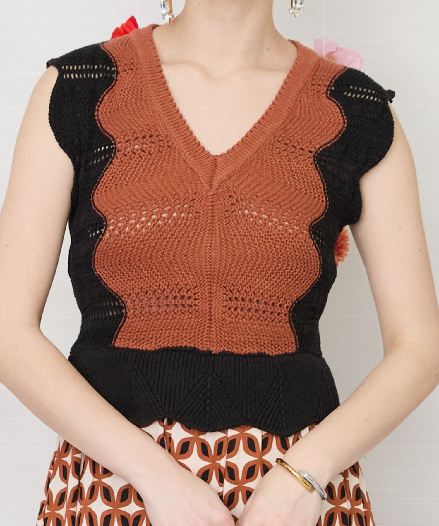 【SKATIE BRAND】ジオメトリックフラワー異素材コンビワンピース